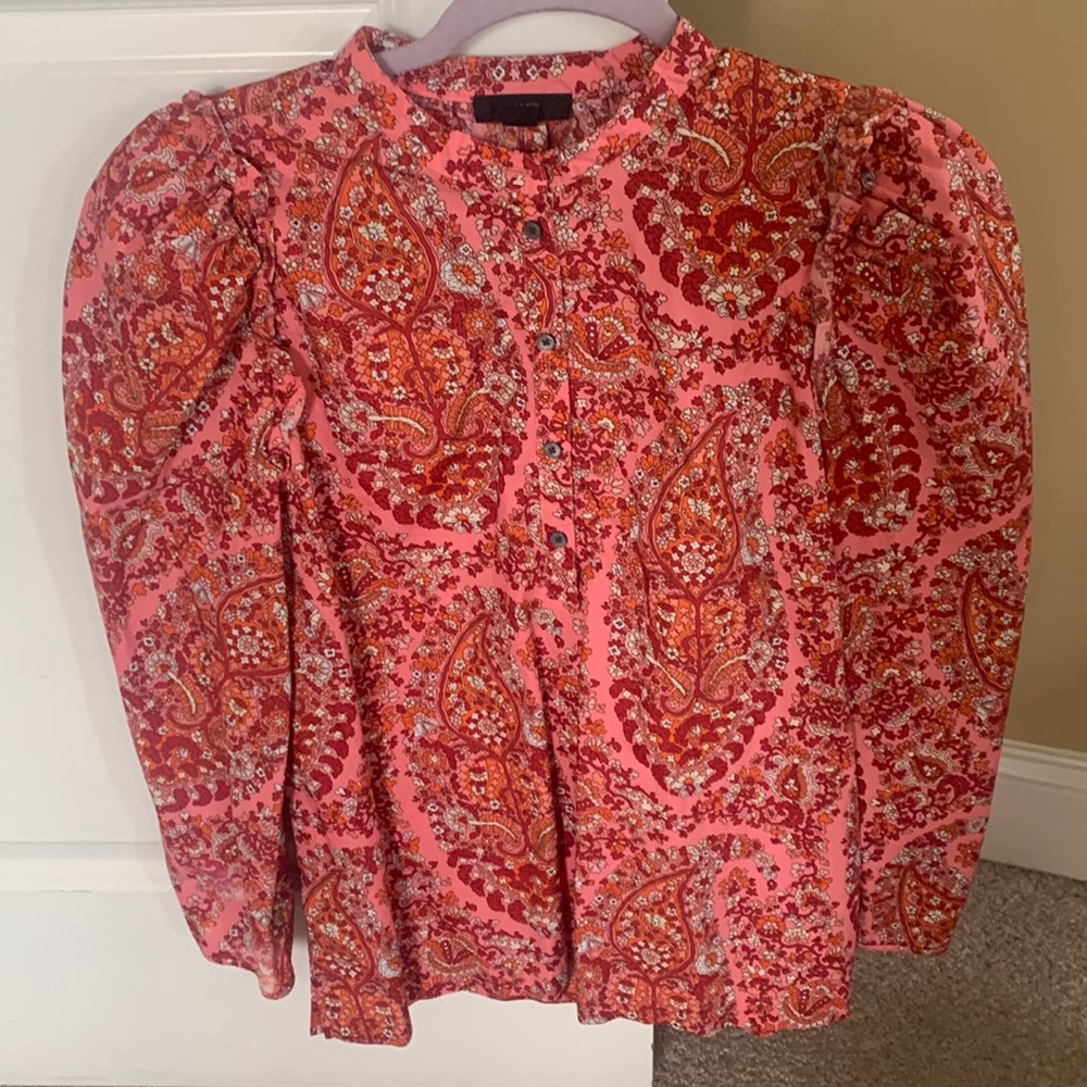 J. Crew Womens Paisley Puff Sleeve Floral, Long Sleeve Blouse, Pink/Red, M